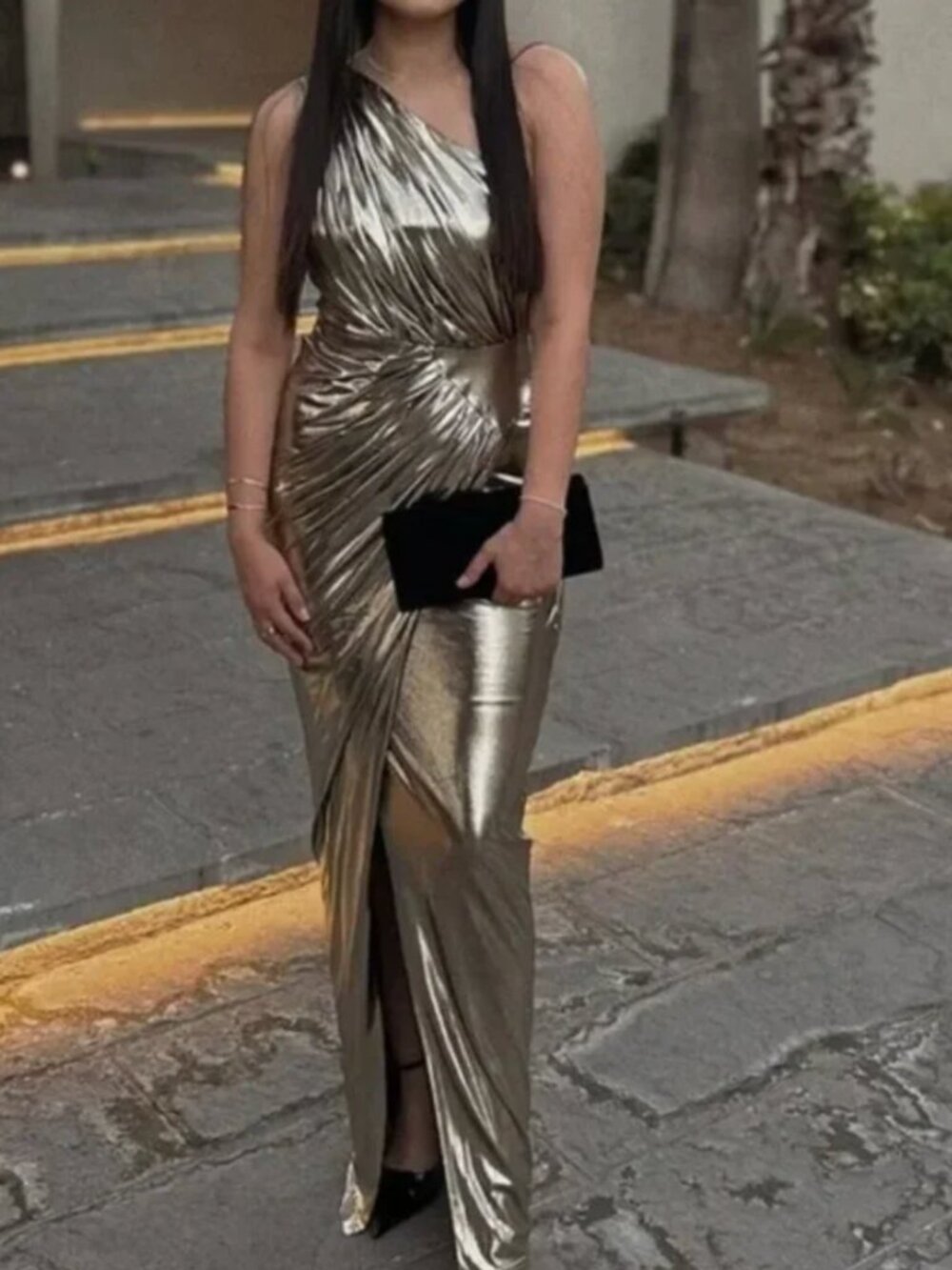 JLUXLABEL Gold Metallic One-Shoulder Ruched Maxi Dress